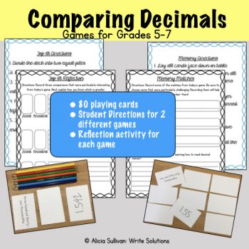 Comparing Decimals Game Cover with colored pencils, game cards and reflection sheets