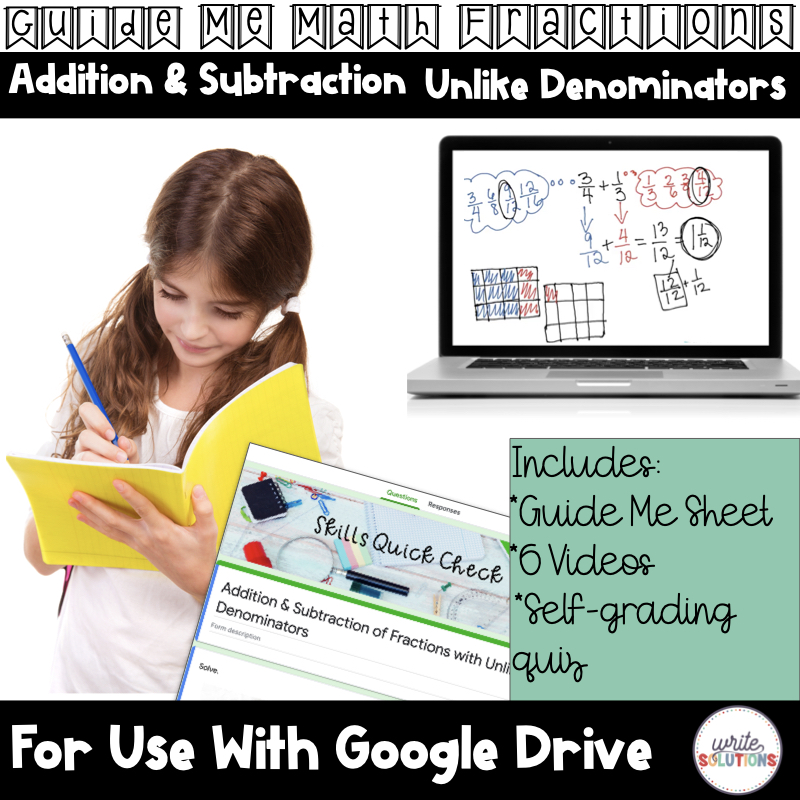 Girl writing in notebook with fractions on laptop