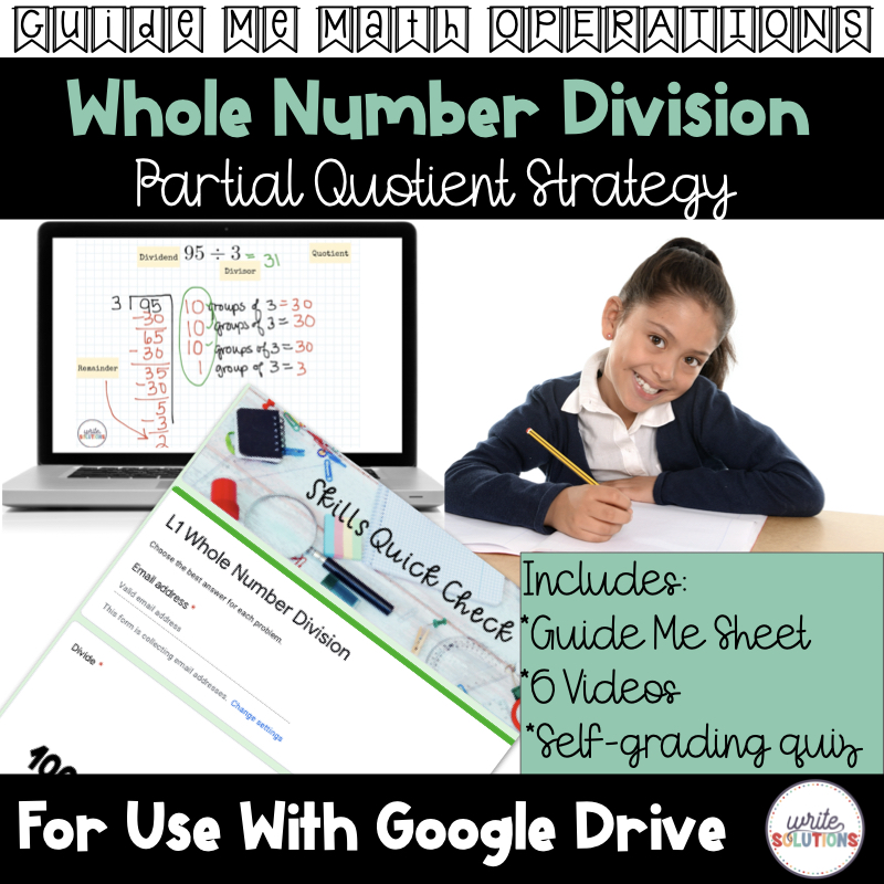 young girl holding pencil with text Whole Number Division and a computer